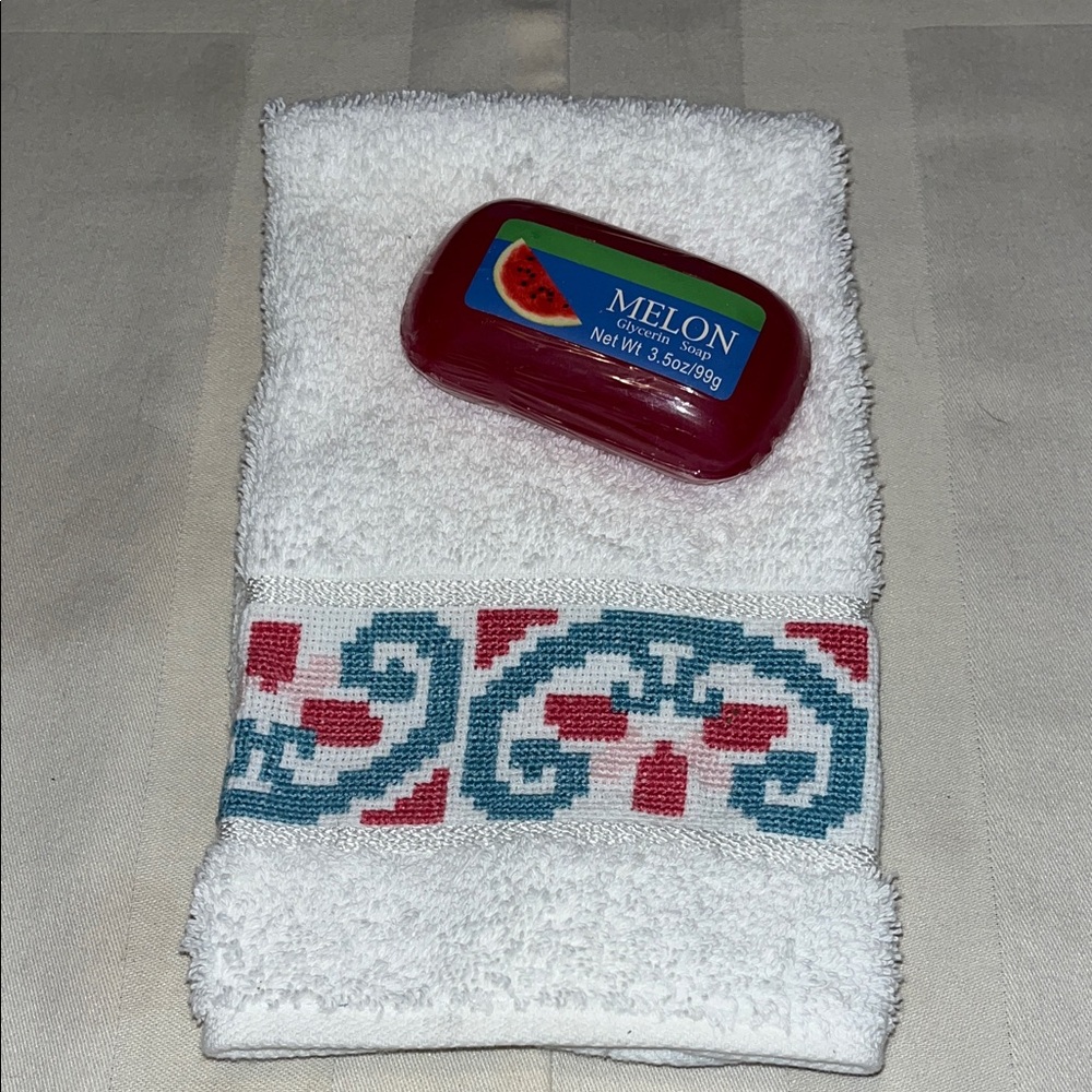 Decorative White Embroidered Hand Towel And Watermelon Scented Bar soap